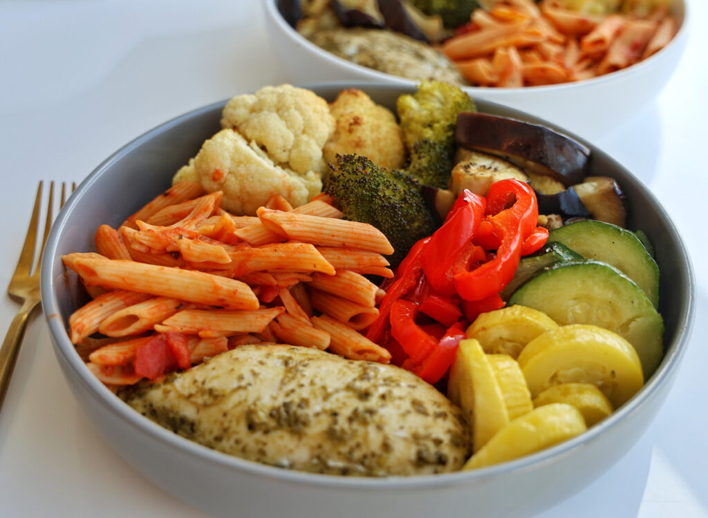 High-Protein Chicken Dinner with Roasted Veggies & Pasta